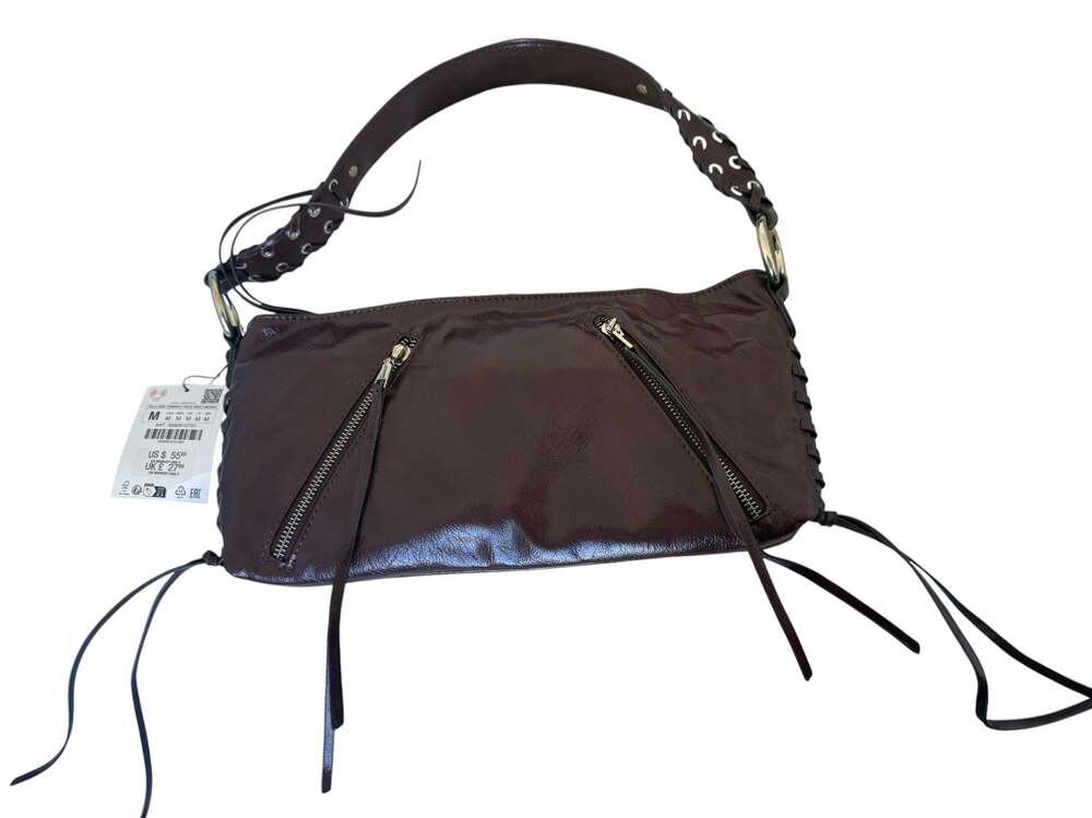 Zara Brown Faux Patent Leather Shoulder Bag Zipper Details and Braided Strap